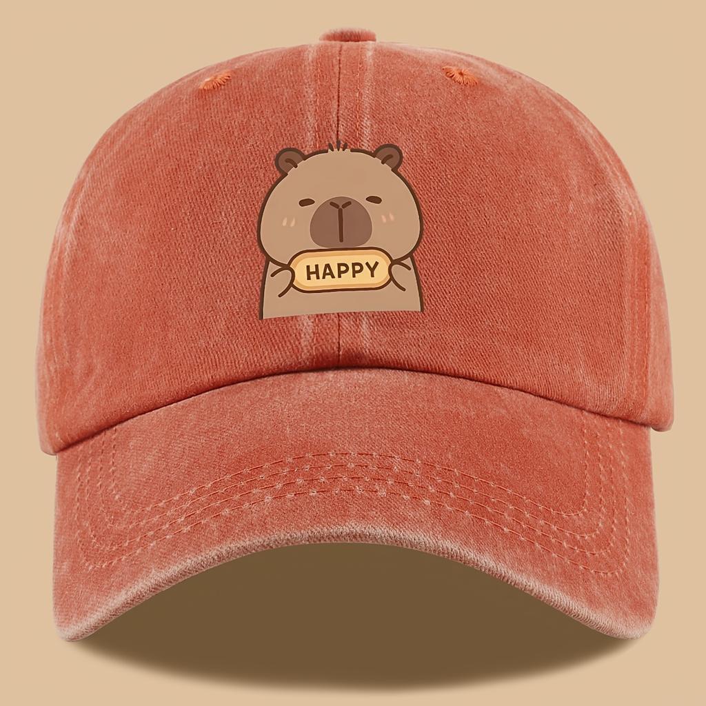 pc Capybara Happy Print Trucker Hat  Vintage Washed Adjustable Baseball Cap Breathable Unisex Outdoor Sun Hat with Cute Carto