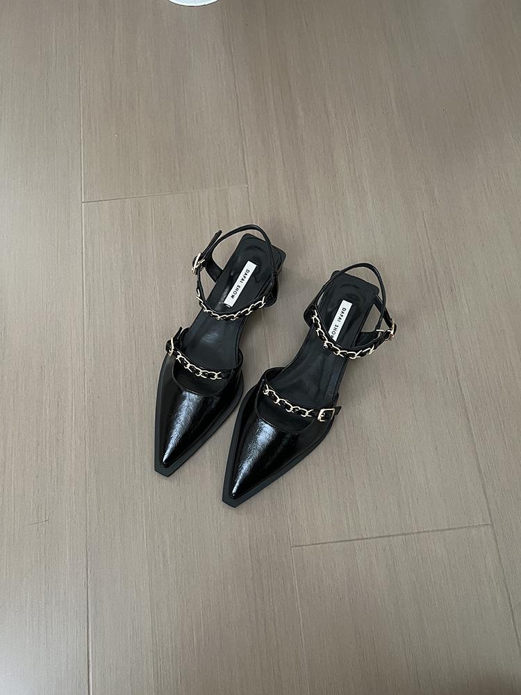 

Fashion Empty Mary Jane leather shoes for women 2 one-line chain high heels summer wear pointed high heel sandals 40 чёрный