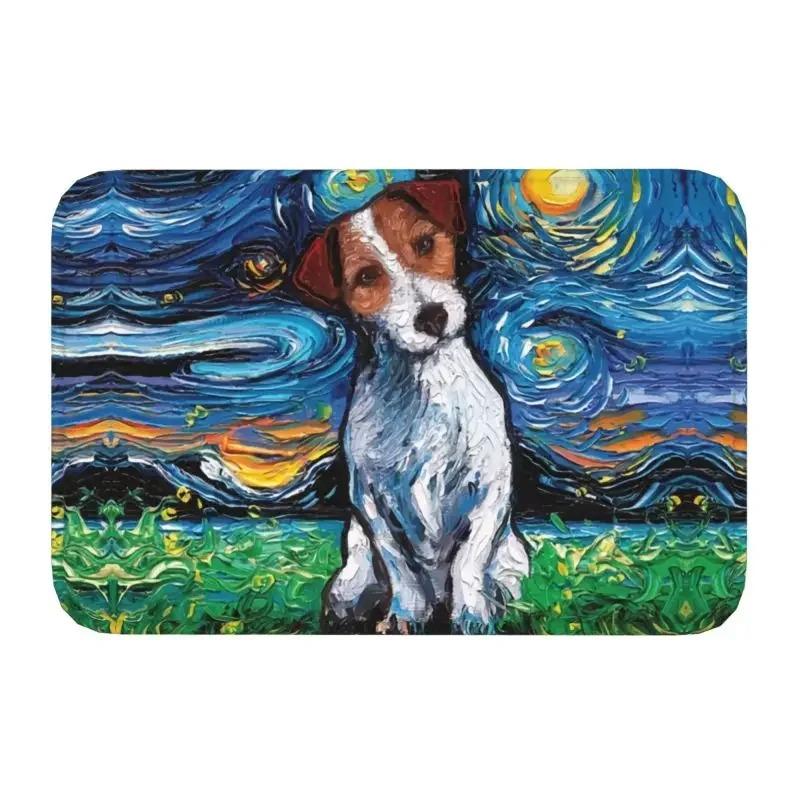 Van Gogh Starry Night Art Style Dog Living Room Door Mat Carpet Classic Painting Beret Dog Pattern Anti-slip Rug for Home Decor