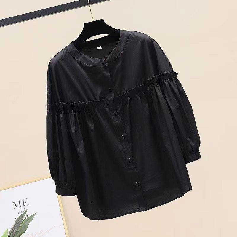 Spring Fashion Casual Stand Collar Striped Shirt Women's Versatile Ninth Sleeve Lace Shirt
