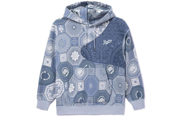 Li Ning Badfive Paisley Patchwork Fleece Lined Thermal Loose Fit Pullover Hooded Sweatshirt Unisex Blue AWDR781-2 L