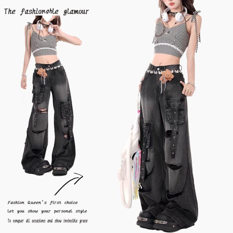 High-Waisted Distressed Wide Leg Denim Pants Women Black Cotton Blend Cargo Style Trousers XS чёрный