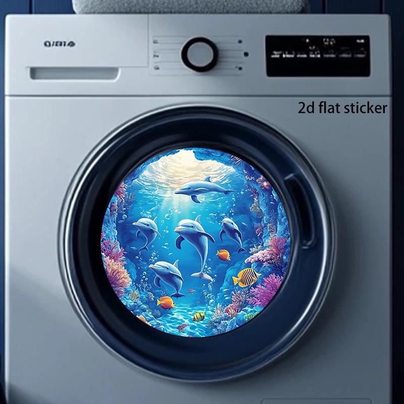 Underwater Dolphin Waves Round Sticker - Removable PVC Laundry/Balcony Decor