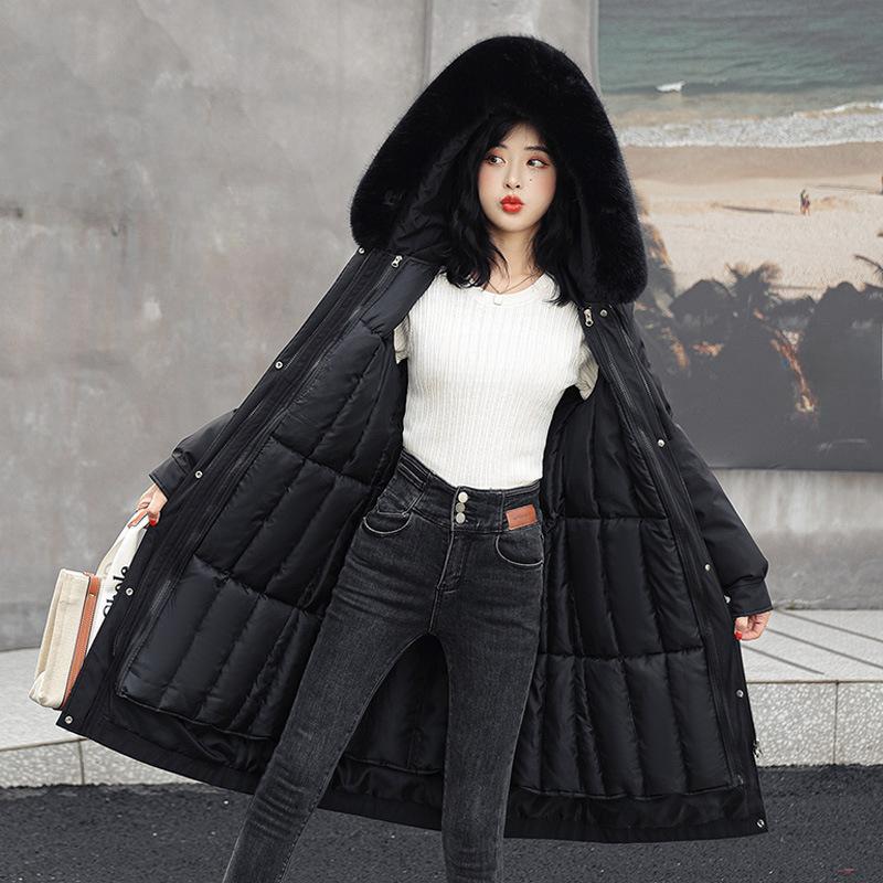 Elegant Plus Size Women's Parka - Mid-Length, Thick Fleece-Lined Winter Coat with Belt & Drawstring Details, Waterproof Polyester