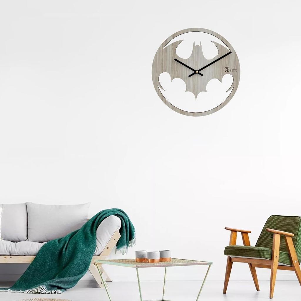 Batman Design 12 Inch Handcrafted Stylish Elegant Analog Wooden Wall Clock for Living Room Hall Bedroom Office Gifting White Beech Wood