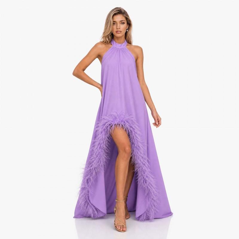 Elegant Off-Shoulder Feather Train Evening Gown Women Long Backless Formal Dress In Acetate Satin