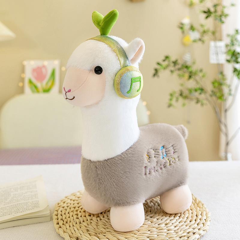 Headphones Alpaca Wear Plush Toy Soft Short Plush Stuffed Animal Home Decoration
