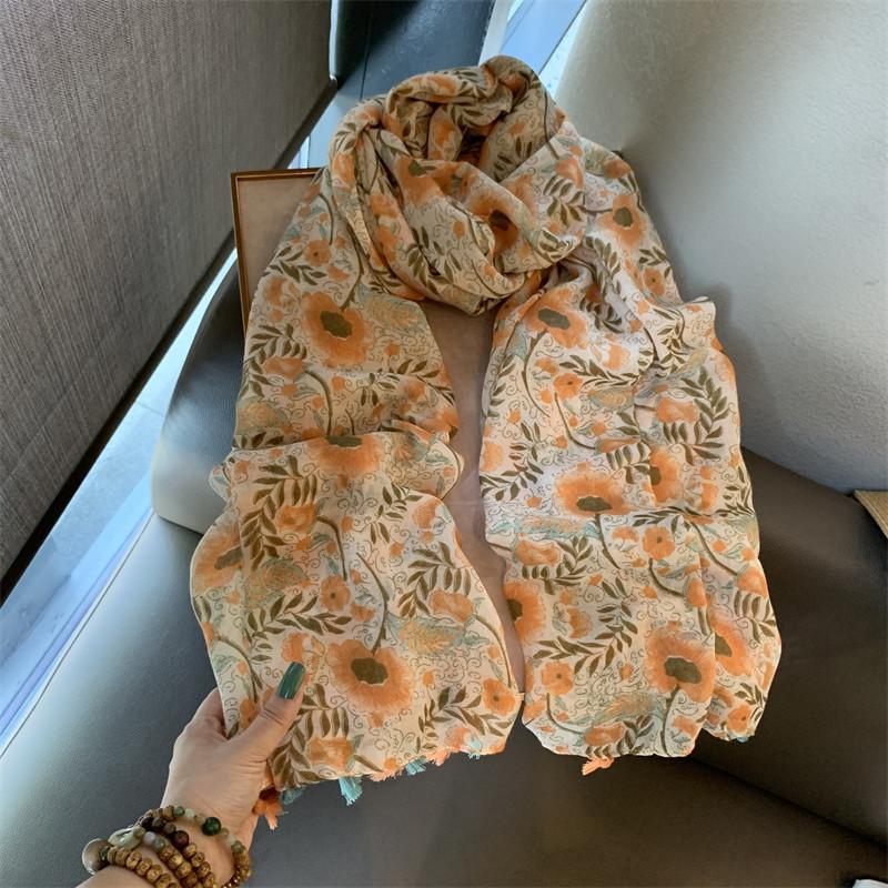 Small fresh floral silk scarf women's scarf sunscreen travel large shawl beach towel thin cotton and linen summer yarn