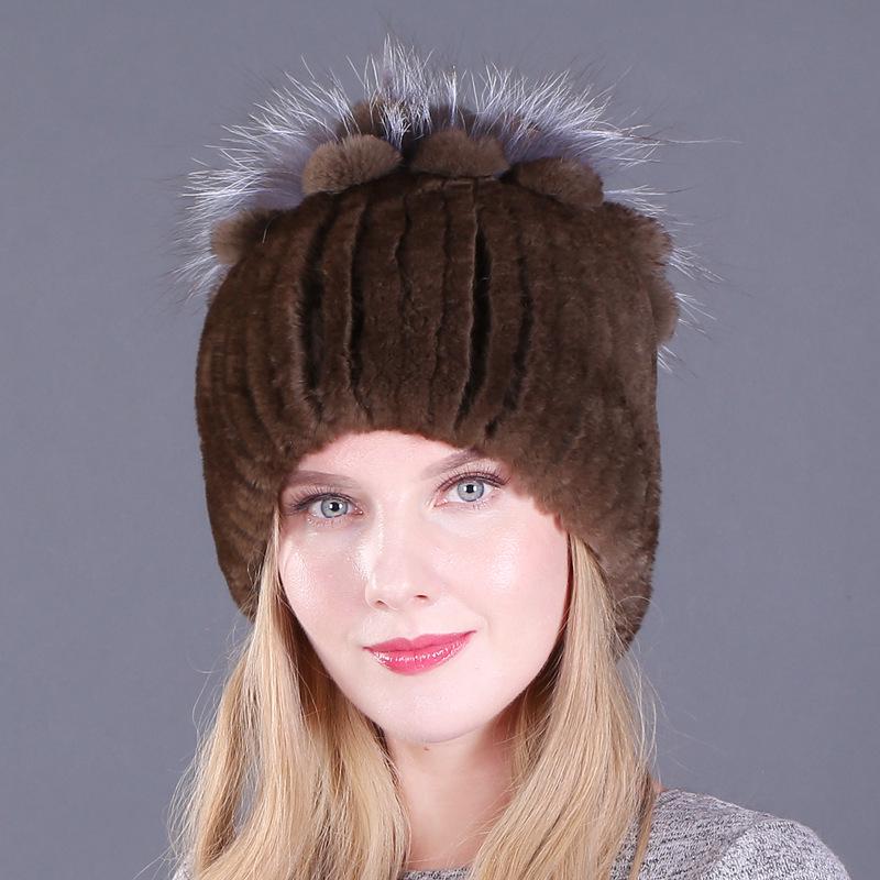 Colorful Rex Rabbit Fur Knitted Women's Warm Winter Hat