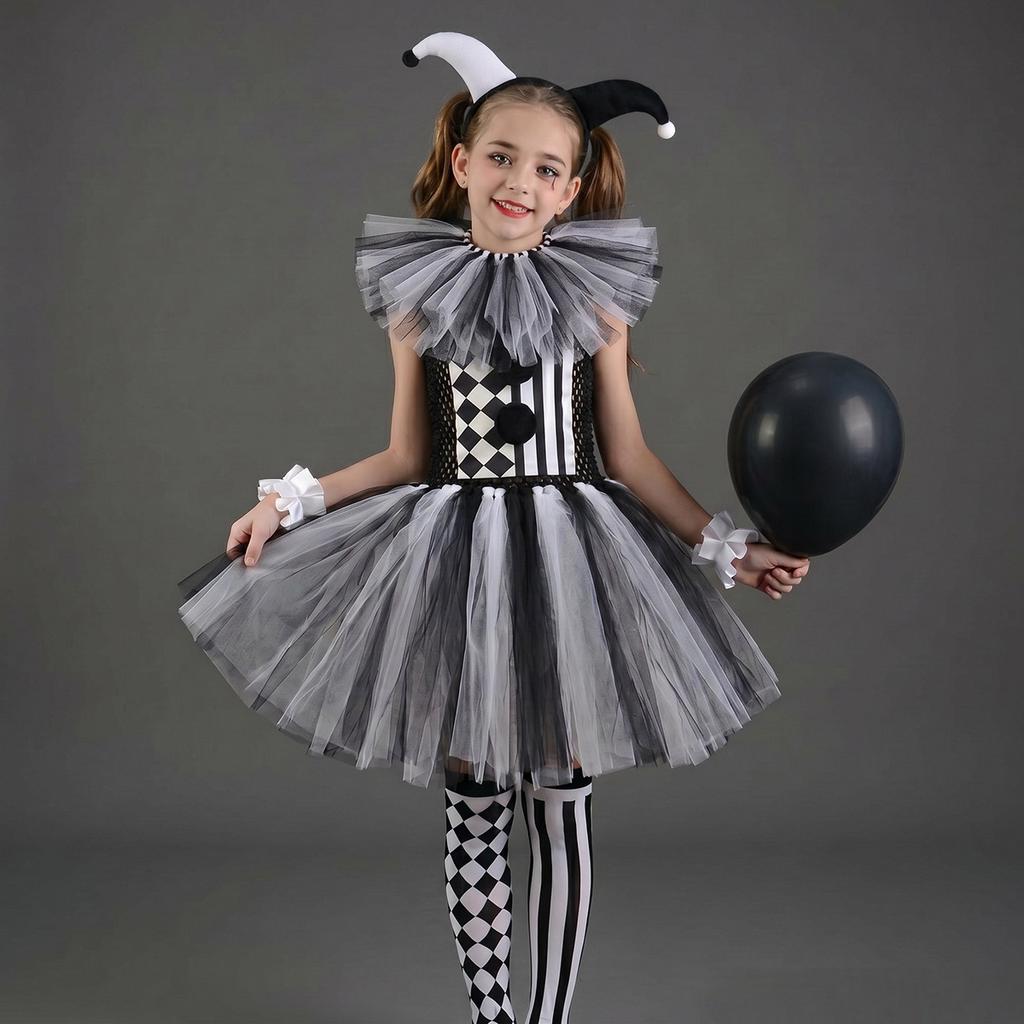 Kids Terrifier Black White Clown Tulle Dress Halloween Role Play Stage Costume