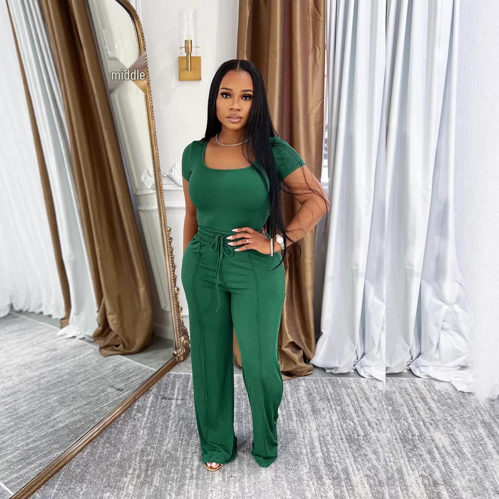 TW730 Summer Fashion Solid Color Square Neck Top & High Waist Wide Leg Pants Set