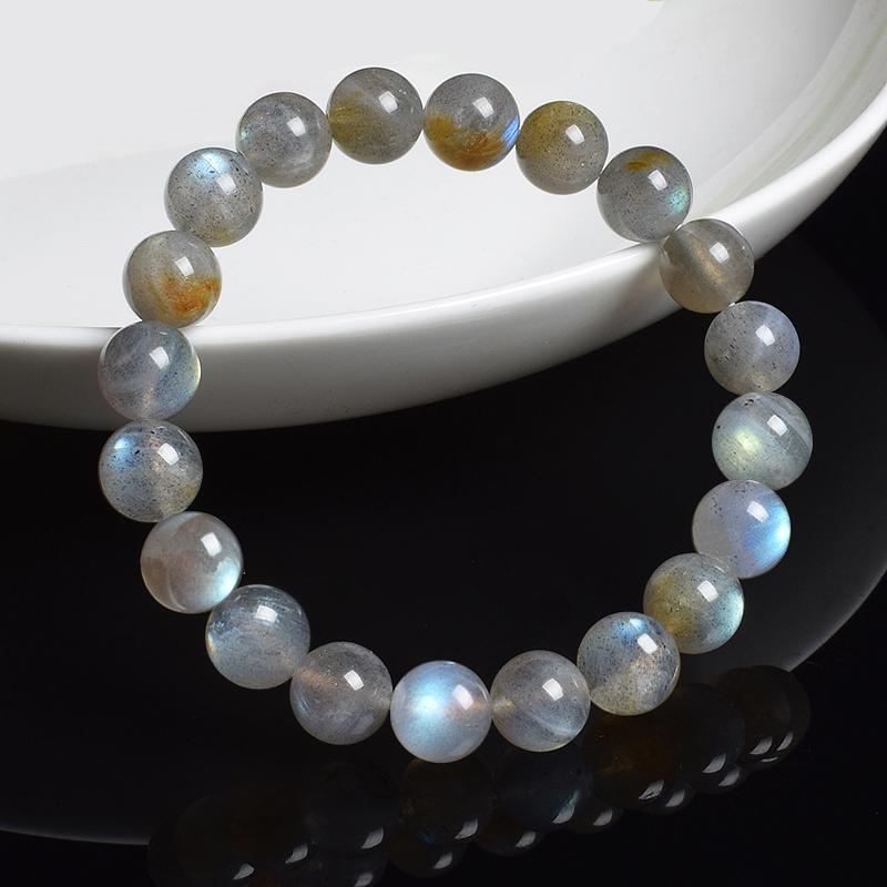 Natural Grey Labradorite Bracelets Flash Smooth Spectrolite Moonstone Round Elastic Beads Bracelet Genuine Natural Stone Jewelry