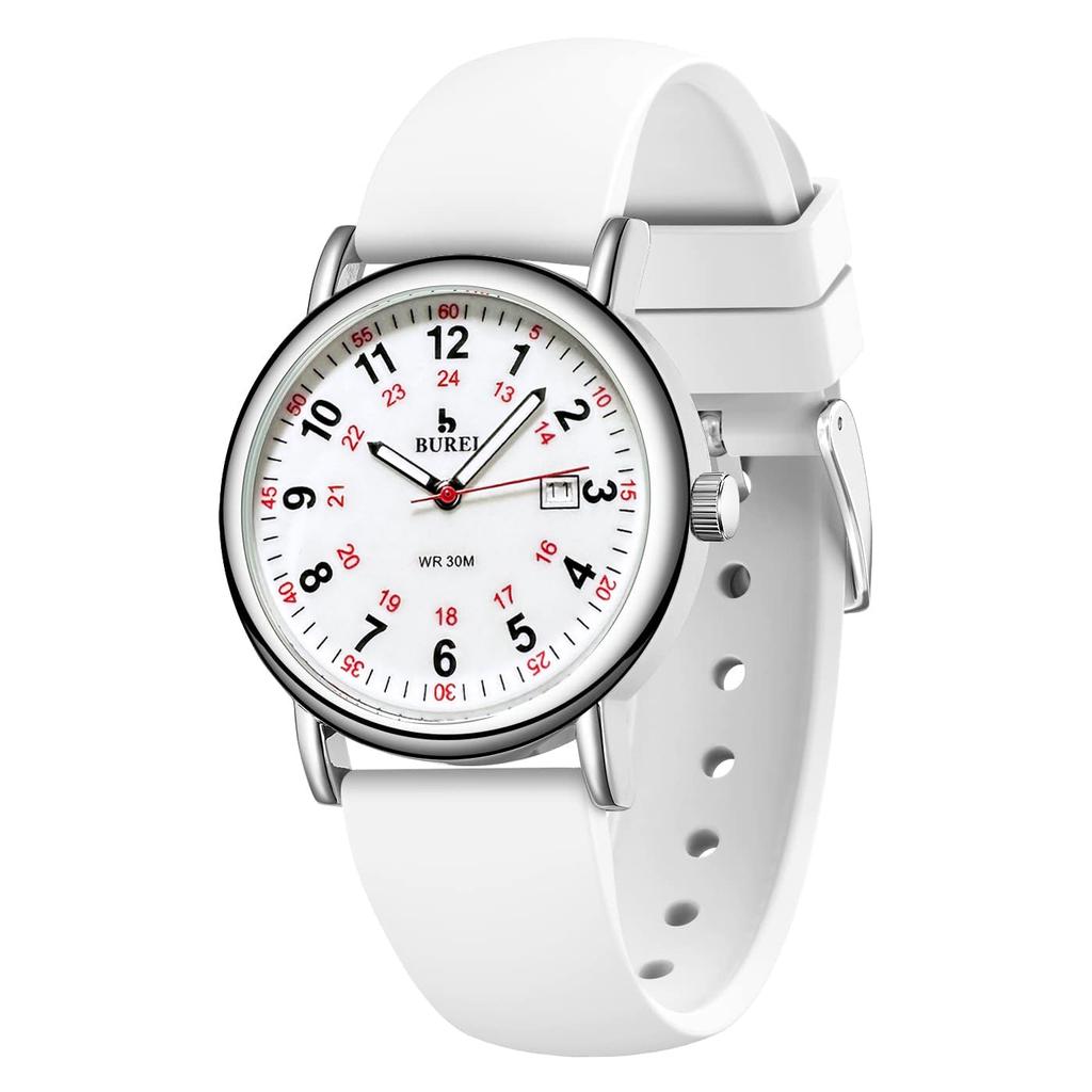 Analog Silicone Nurse Watch [BUREI] Wristwatch, Display, Quartz, Waterproof, 24-Hour Display, Date, Popular, Luminous, Easy-to-Read Dial, Band,