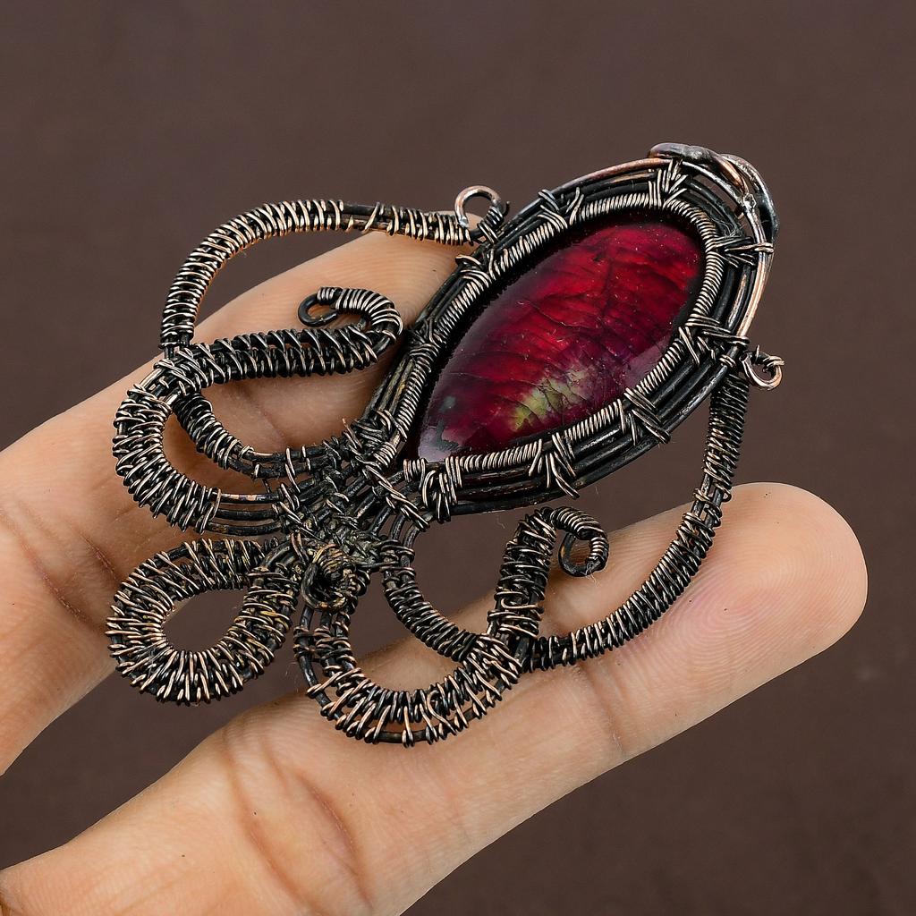 Natural Octopus Red Labradorite Handmade Copper Wire Wrap Pendant 3.27" w2R27