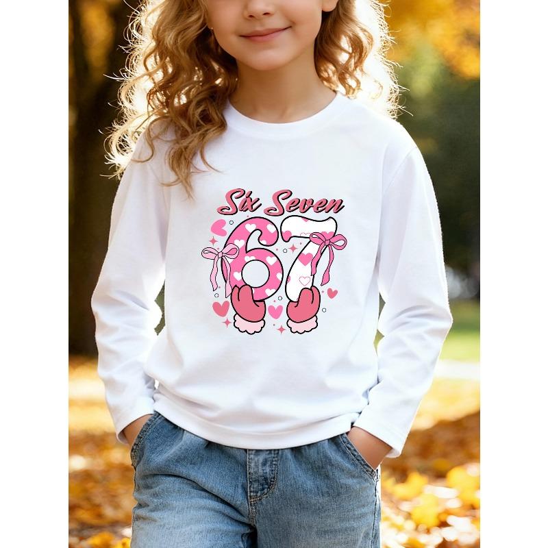Unisex Kids Pink Crewneck Sweatshirt For 4-12 Girls Cute Heart Fill Number 67 With Pink Bow Cartoon Hands Star Heart Decor Cursive Six Seven Print