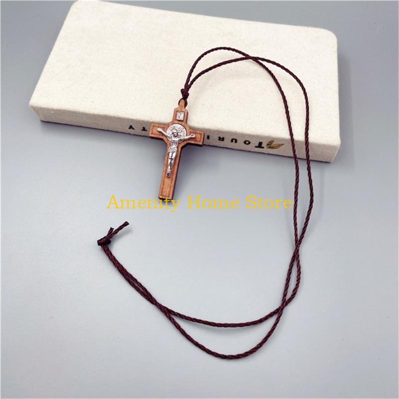 

F26C Simple Religious Belief Prayer Baptisms Christian Wood Metal Crosses Rope Necklace Boy Girl Access Jewelry CN