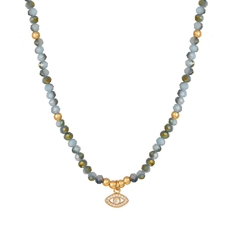 Asu Fashion Copper Inlaid Zircon Cross Eye Pendant Crystal Beaded Necklace for Women Jewelry Gift