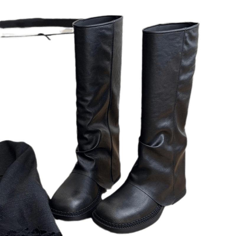 Thick-soled but knee-length boots women's autumn and winter new retro pleated stacked pants tube boots slim tall knight boots