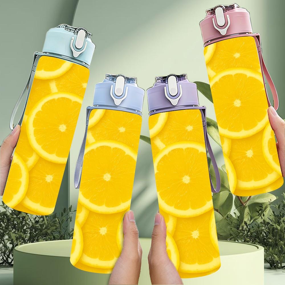 1PC Yellow Lemon Slice Repeat Print 750ml Color Plastic Sports Water Bottle Leakproof Flip Straw Lid Suitable for Sports Office Home Use