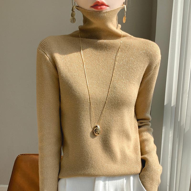 GMXIA Bright Silk Long Sleeve Knitted Bottom Shirt Women's High Neck Pullover Sweater Fashion Versatile Shorts Top Shirt