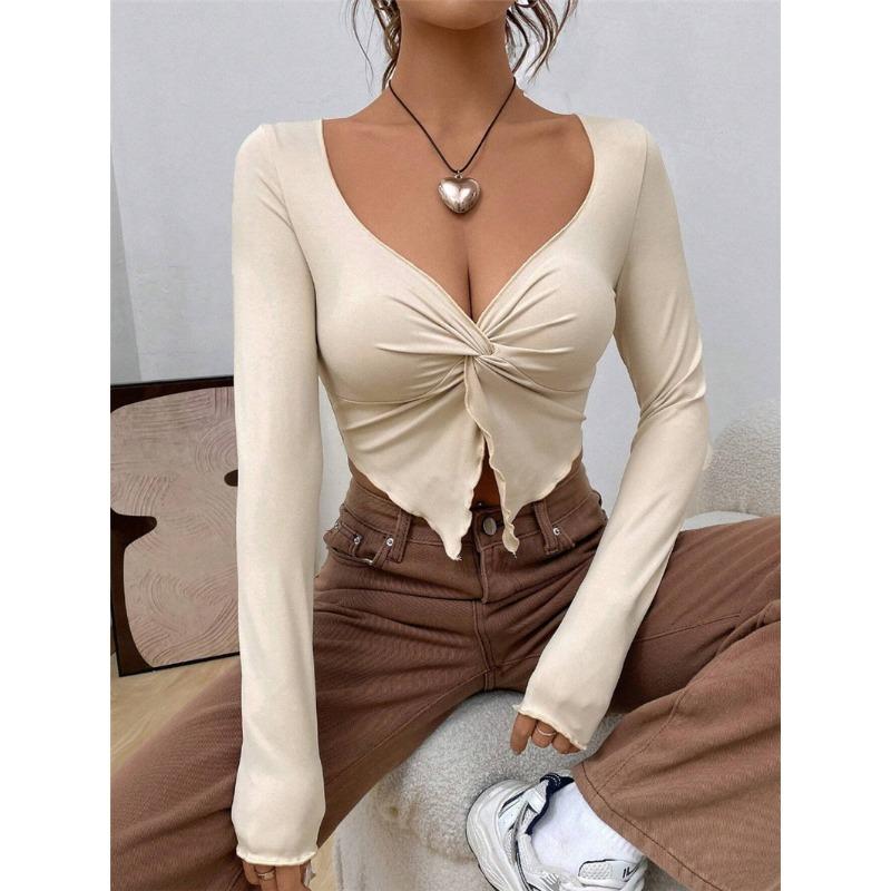 Women's Spring Summer Slim Front Twist Long Sleeve T-Shirt