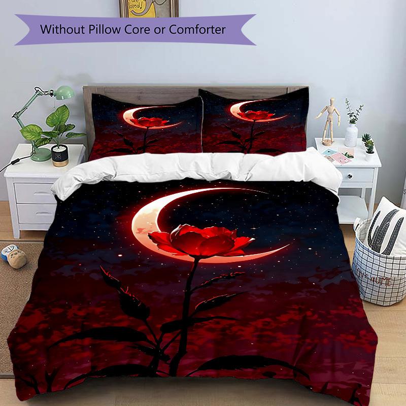 3pc Moon Rose Cover Set - 1 Quilt Cover + 2 Pillowcases, All Seasons Bedroom Setting, Perfect for Home006