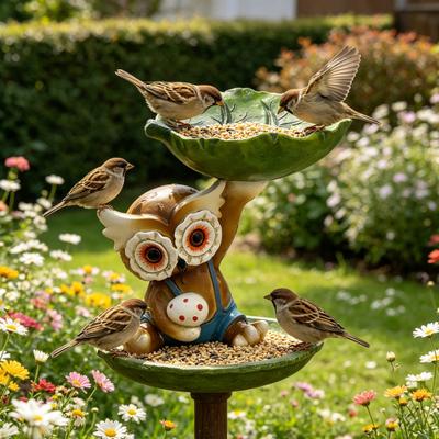 Owl Statue Bird Feeder Resin Decorative Bird Feeder Outdoor Cute Owl Bird Feeder for Garden Balcony Yard Front Porch