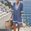 Womens V Neck Striped Loose Fit Pullover Dress with Half Sleeve and Sun Lightweight Beach Cover Up Tunic