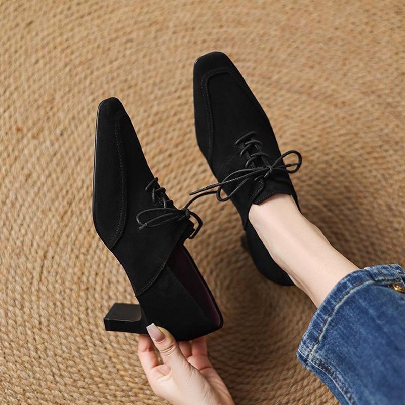 Fashion NEW Spring/Autumn Women Pumps Square Toe High Heel Shoes Concise Sheep Suede Leather Shoes for Women Brown Lace-up Handmade Shoe