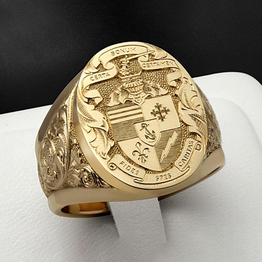 Crown Lion Shield Badge Yellow Royal Seal Men's Ring