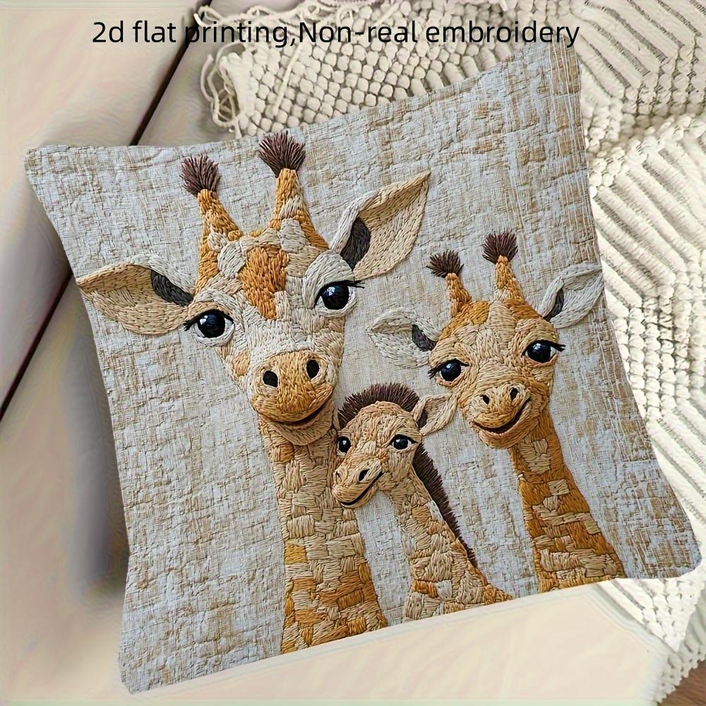Cute Giraffe Family Pillow Cover 2D Faux Embroidery Print Whimsical Safari Animal Cushion Case For Sofa Bed Couch Cozy Kids Home