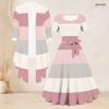 Women Plus Size Abstract Printed Two Piece Set Long Sleeve Cardigan Square Neck Short Sleeve Tie Waist Flared Dress