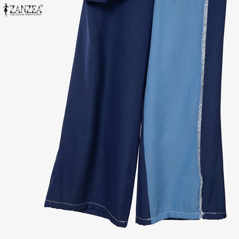 ZANZEA Women Half Sleeve Blouse and Long Pants Patchwork Casual Two Piece Suit Sets