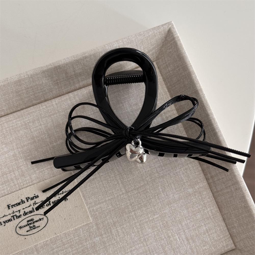 Черное Сердце Серебряная Кожаная Заколка-Клешня с Бантом