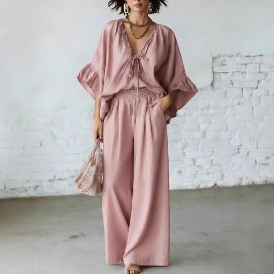 Conjuntos de Verano de 2 Piezas para Mujer, Top con Volantes de Media Manga y Cuello en V a Juego con Pantalones de Pierna Ancha, Conjuntos de Salón para Vacaciones con Bolsillos