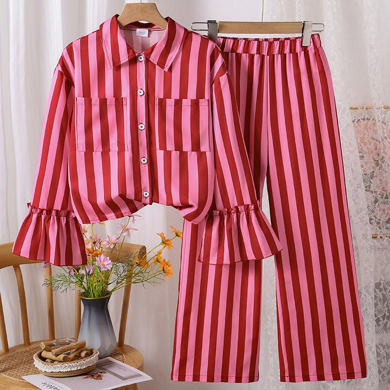 Girls' Casual Set: Fall Children's Bell-Sleeve Lace Blouse and Striped Pants Two-Piece Set