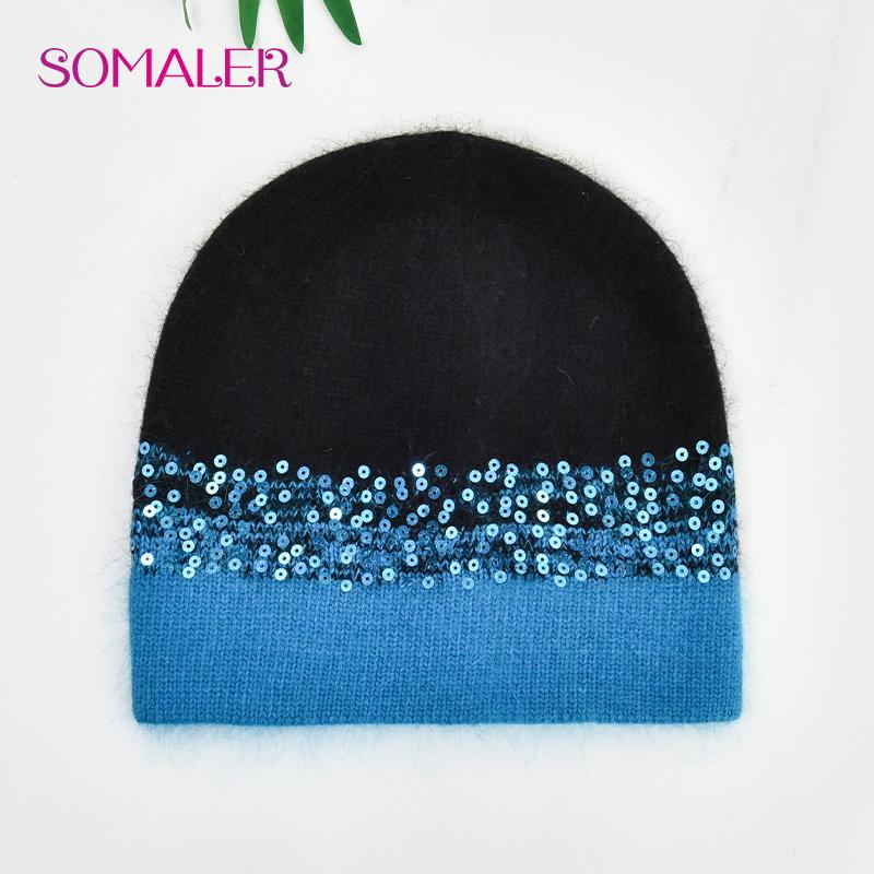 SOMALER Winter Hats for Women Warm Angora Wool Knitted Hat Fashion Sequin Beanie Hat Thick Long Rabbit Fur Hair  Skull Cap Bonnet