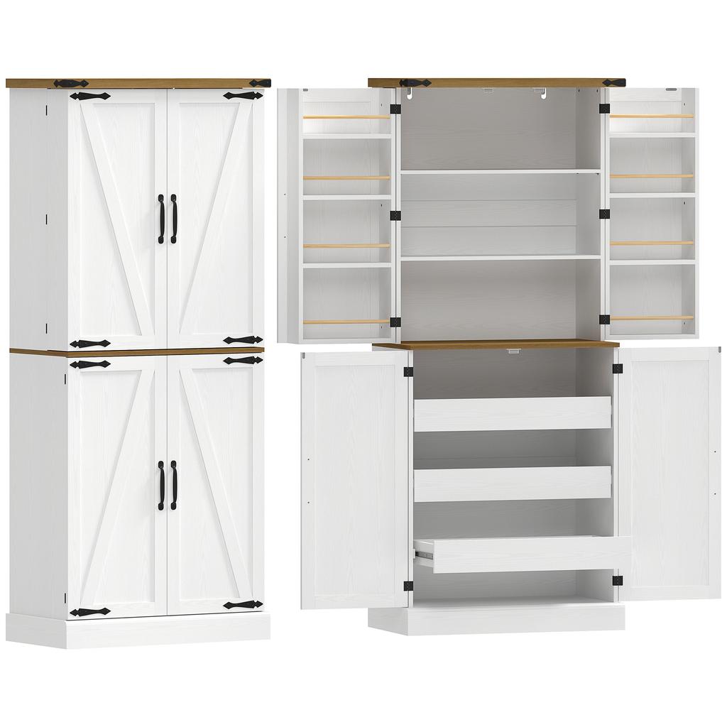 Kitchen Sideboard, High, 4 Doors, 3 Drawers, 8 Adjustable Racks, 76 x 40 x 182 cm, White