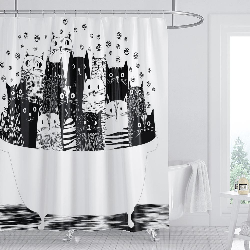 Black White Modern Cute Cartoon Cats Shower Curtain, Bathroom Decorative Shower Curtain, Home Printed Shower Curtain With Hooks