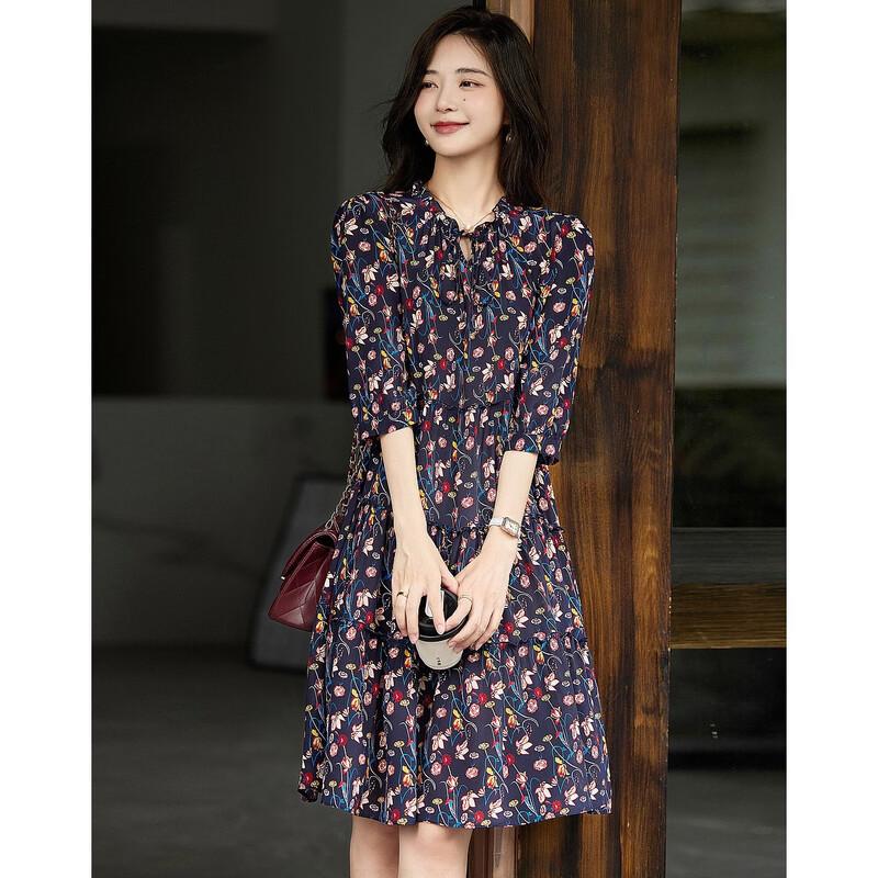 Demana Timeless Bloom 100% Silk Floral Tie-Neck A-Line Dress