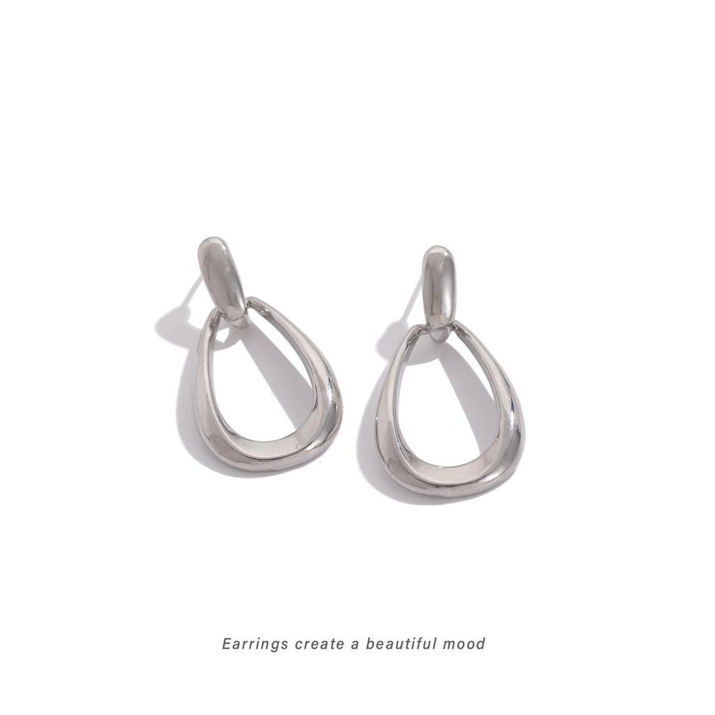 Minimalist Double-Layer Oval Geometric Silver Stud Earrings with Ear Clip