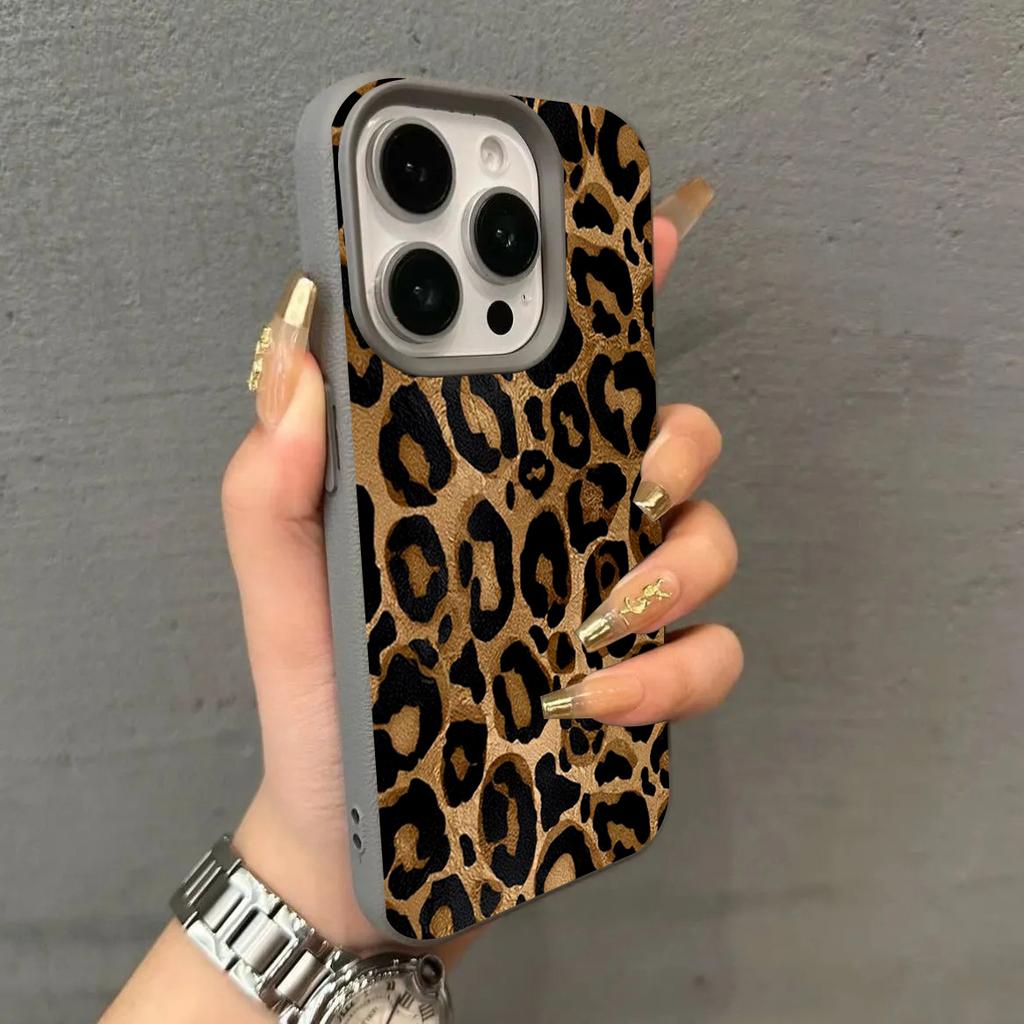 INS Braunes Leopardenmuster Handyhülle Für iPhone 17 16 Pro Max 15 14 Plus 13 12 11 XR XS Max Litschi-Muster Weiche Silikon-TPU-Hülle