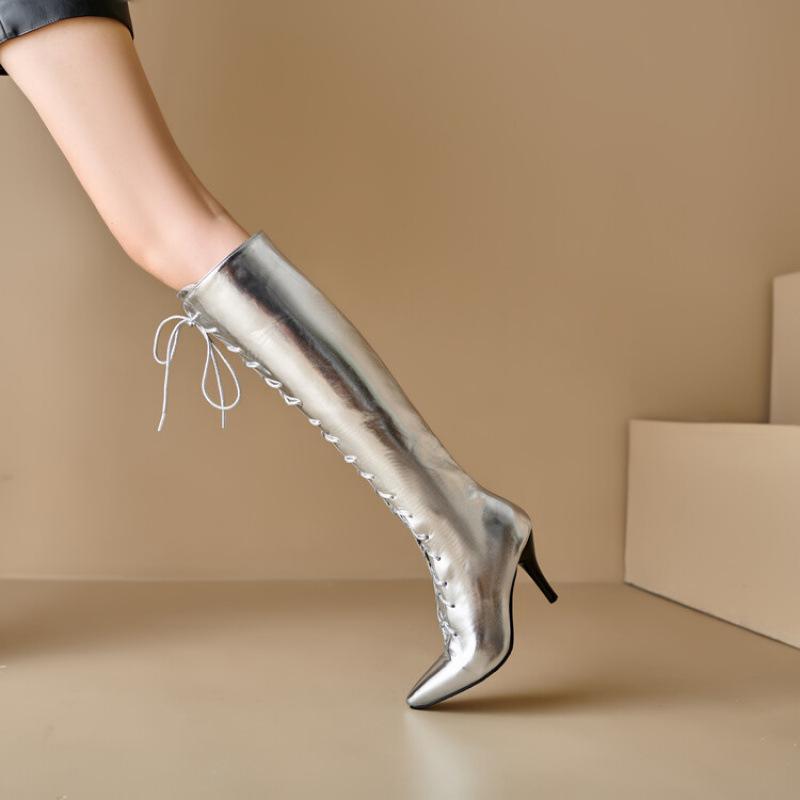 

Autumn and winter women s high boots European and American large size shoes high heels new stiletto strap pointed solid color women s boots 39 серебряный