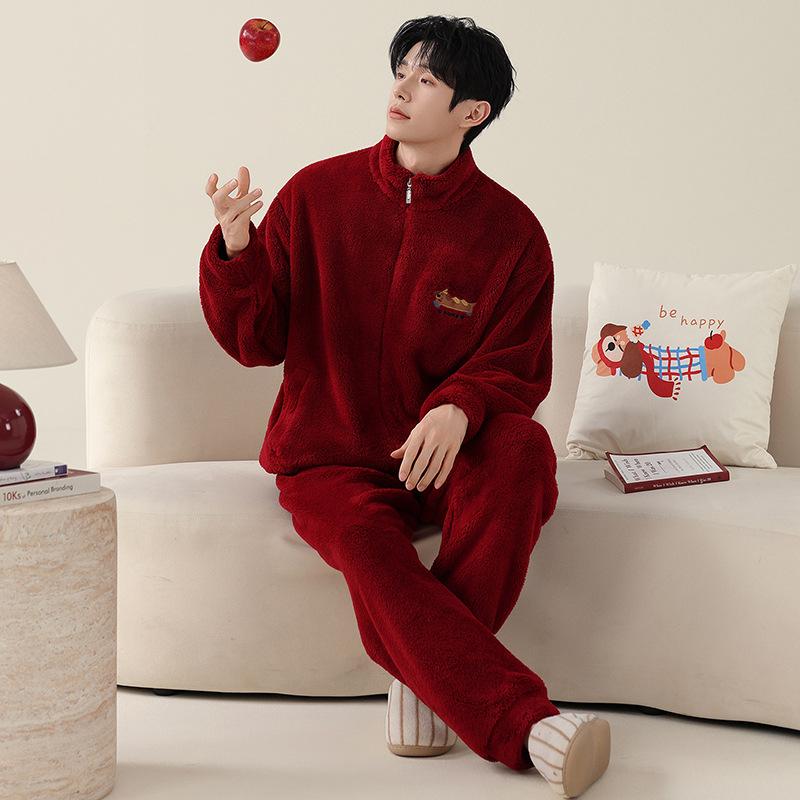 Pajamas Wedding Newlywed Couple Suit Autumn And Winter Coral Fleece Thickened Warm Natal Year Wedding Red Loungewear