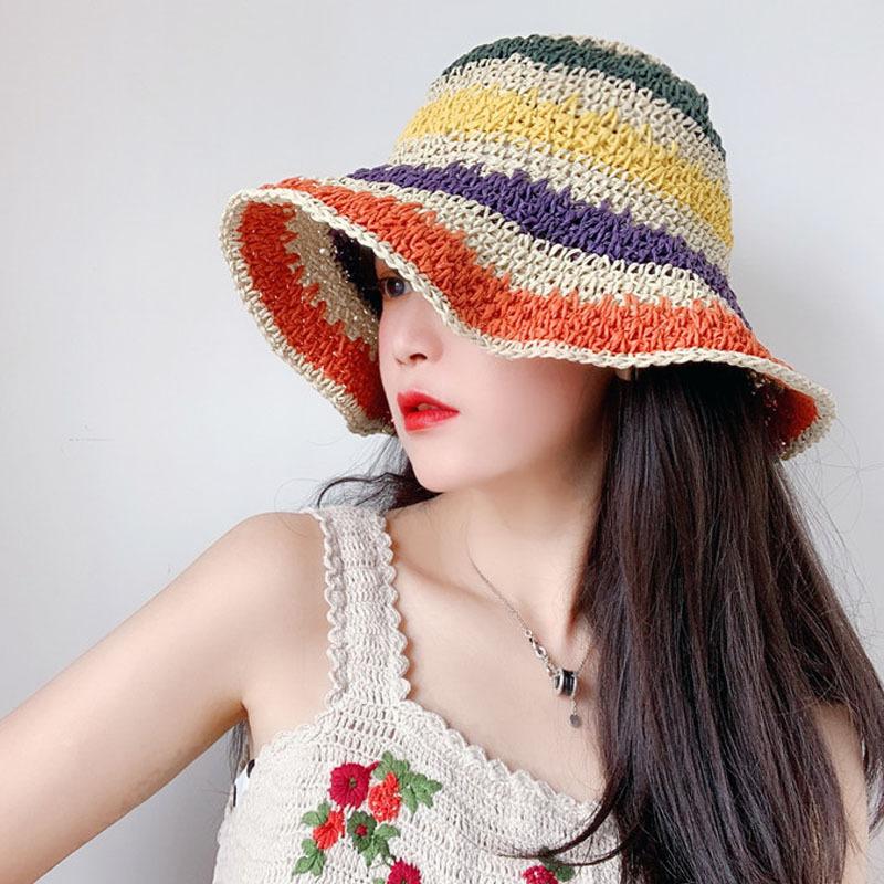 Sombrero de Cubo de Ganchillo a Rayas Arcoíris de Verano para Mujer Sombrero Panamá Plegable de Ganchillo Visera Solar de Playa para Mujer