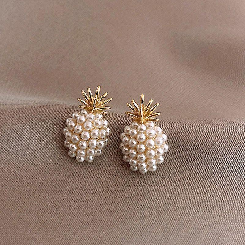 Boucles d'oreilles rétro en argent S925 avec perle ananas - Style français haut de gamme, design tendance à aiguille en argent pour célébrités et femmes