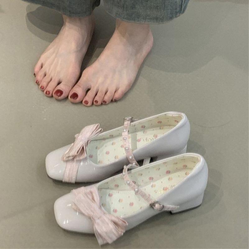 JX Super Fairy Temperament Sweet Thick Heel Small Leather Shoes Summer New Round Head Cute Bow Lo Shoes Mary Jane