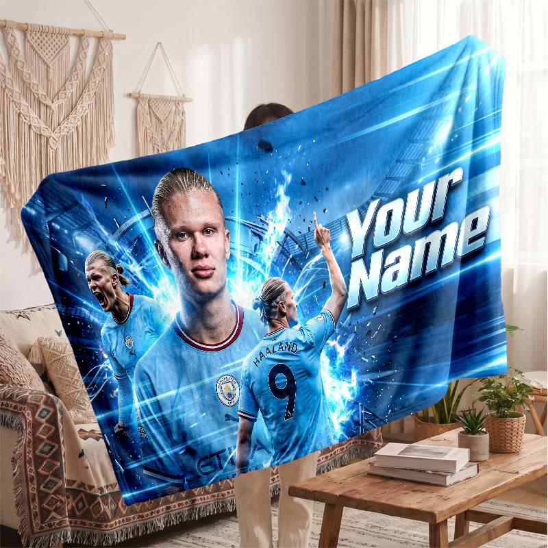 Erling Haaland Personalized Fleece Blanket With Football Logo, Custom Name Text Soft Warm Home Throw Blanket