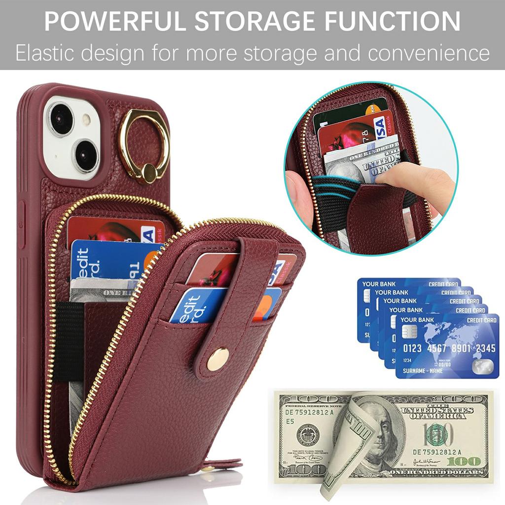 Pro iPhone 14/13 Pouzdro se zipovou kapsičkou/Kroužkovým stojánkem/Poutkem PU s texturou liči + TPU Kryt na telefon