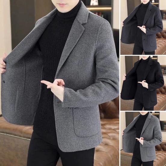 Men Woolen Coat Lapel Long Sleeve Single Breasted Jacket Coat with Pockets Solid Color Loose Fit Casual Outerwear Cold Weather Wear
